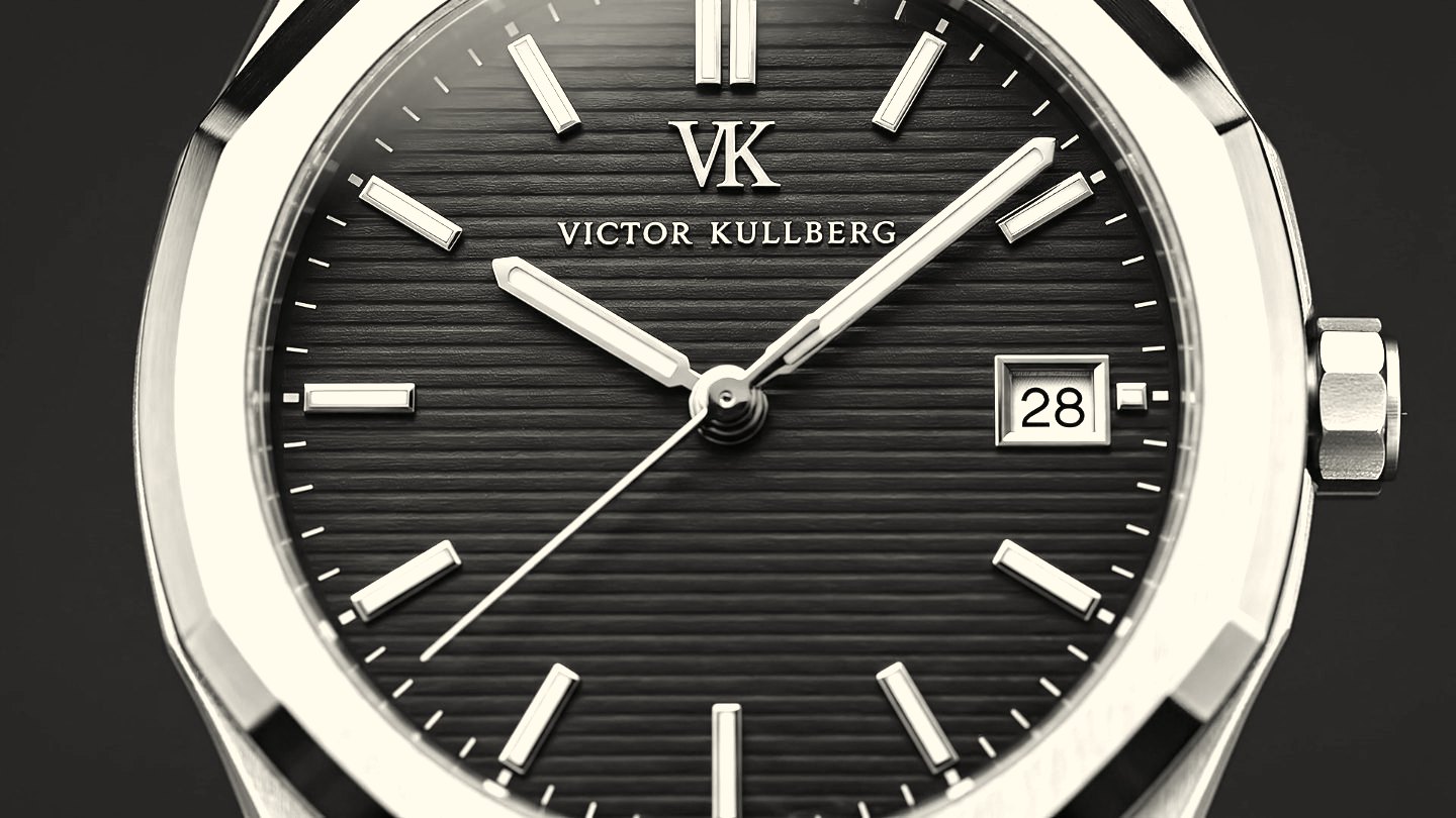 Meridian dial, ribbed in horizontal lines, with the VK monogram